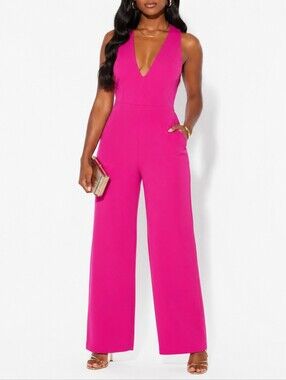 NWT Crystal Sky Magenta V-Neck Open Back Wide Leg Jumpsuit